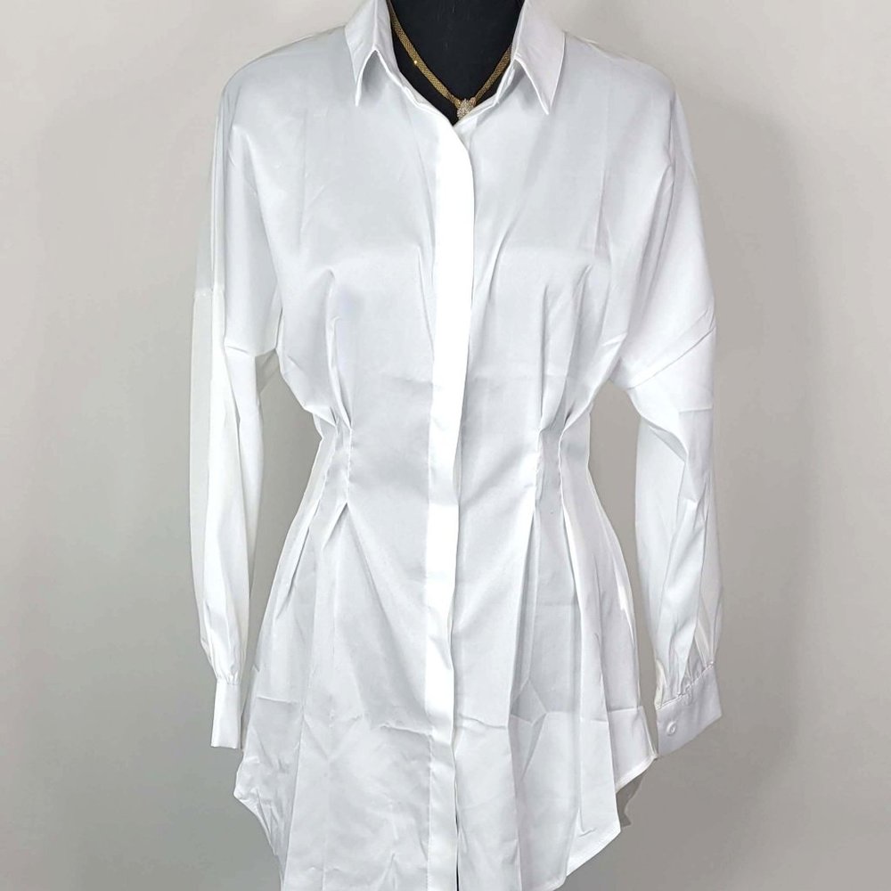 White  Mini Long Sleeve Casual Shirt Dress, Sexy Top